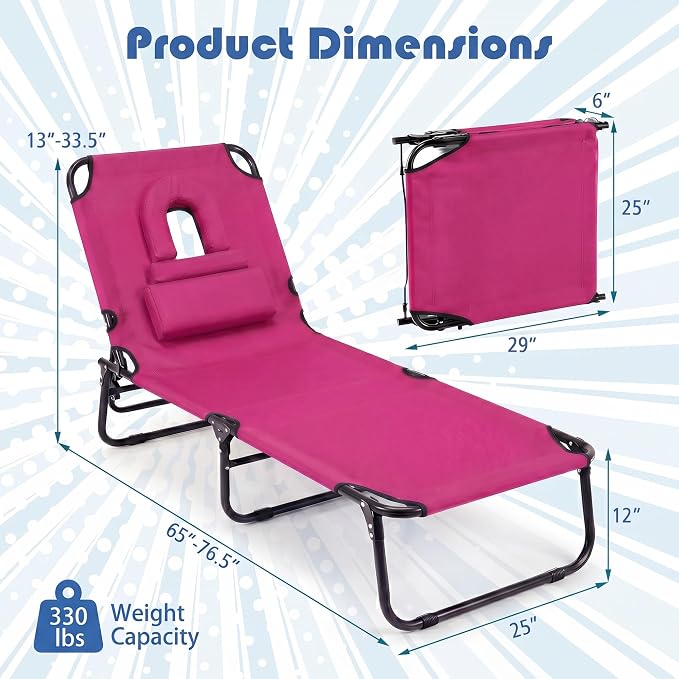 Goplus Tanning Chair, Folding Beach Lounge Chair with Face Hole, Removable Pillow, Carry Strap, Position Adjustable, Sunbathing Chair, Portable Outside Lounge Chair for Patio Pool