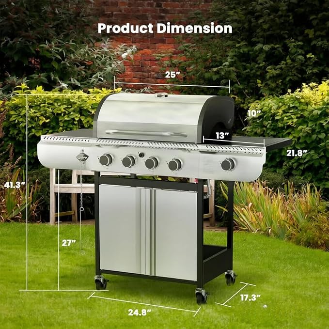 Electactic 4-Burner Gas Grill with Side Burner, Stainless Steel Propane Grill with Built-In Thermometer, 42000BTU BBQ Grill for Outdoor Cooking, Patio and Backyard Barbecues