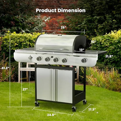 Electactic 4-Burner Gas Grill with Side Burner, Stainless Steel Propane Grill with Built-In Thermometer, 42000BTU BBQ Grill for Outdoor Cooking, Patio and Backyard Barbecues