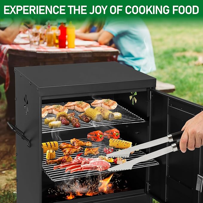 Vertical Charcoal Smoker with Dual Doors, 2 Detachable Grill Racks, Thermometer, 4 Air Vents, Charcoal and Water Pans, High-Temp Resistant, Outdoor BBQ Smoker for Grilling, Camping Black