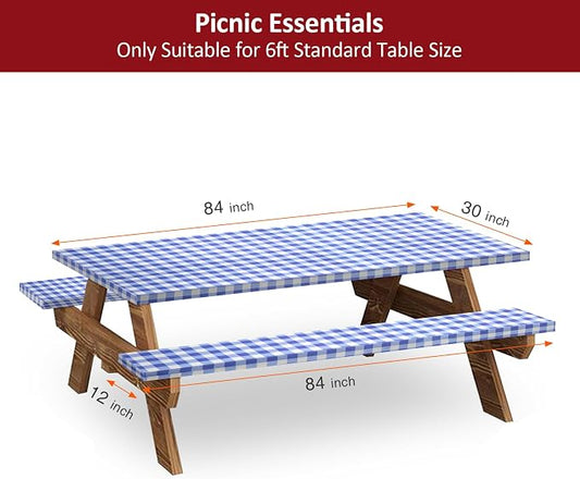 7ft 84in Picnic Table and Bench Cover, 3 Pack, Blue-White Checkered | Drawstring Bag, Waterproof Windproof, Elastic Fitted Edges Tablecloth, for Rectangle Table & Seat, Camping Essentials RV Gear