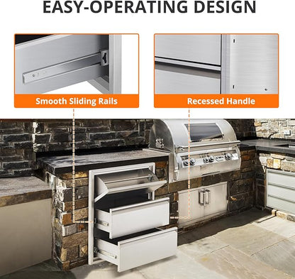 18" W x 23" H x 23" D Outdoor Kitchen Drawers with Paper Towel Holder, 3-Layer Outdoor Kitchen Access Drawer, Stainless Steel Built-in BBQ Drawer for Outdoor Kitchen Island, Patio Grill Station
