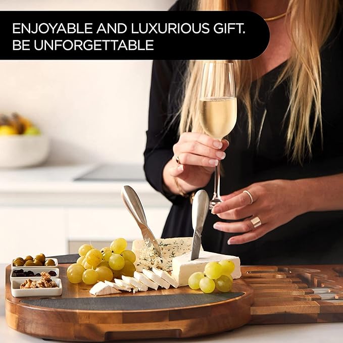 Premium Oval Charcuterie Board Cheese Board Set: Acacia Wood, Stainless Steel Knives - Christmas Gifts for Women, House Warming Ideas, New Home, Wedding presents for Couple, Bridal Shower