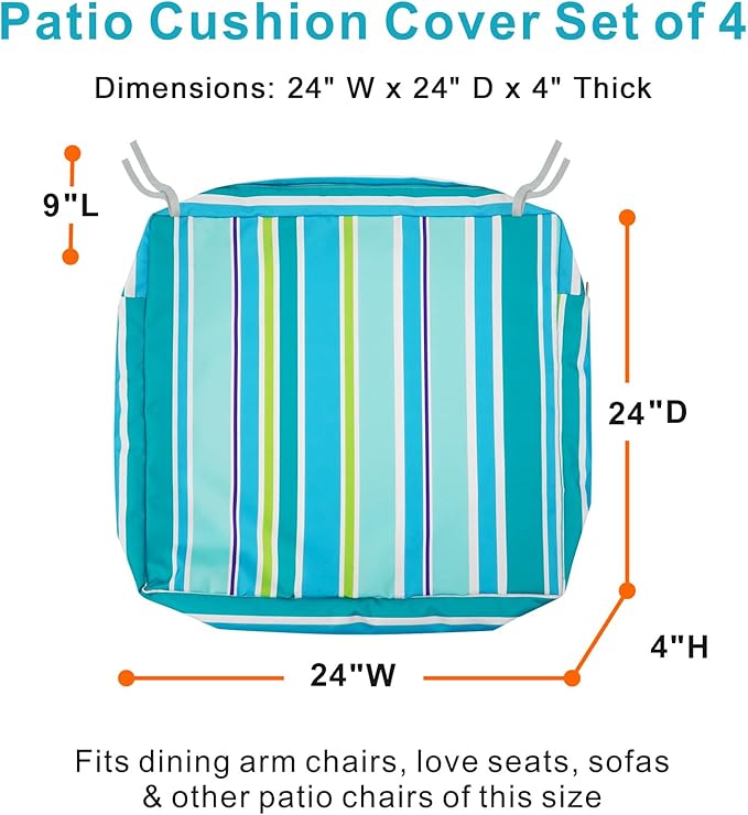 NettyPro Outdoor Cushion Slipcovers Waterproof 24 x 24 inch Patio Furniture Chair Seat Cushion Covers with Zipper and Tie, Replacement Cover Only, Stripes Turquoise