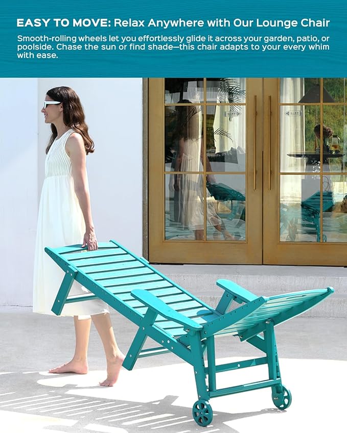 Ciokea Outdoor Chaise Lounge Chair Set of 2, Patio Lounge Chairs for Outside, HDPE Lounge Chair with Wheels & Cup Holder, Poly Chair with 5 Position for Poolside, Deck, Lake Blue