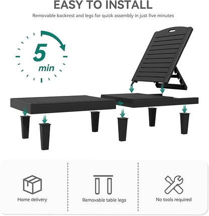 YITAHOME Outdoor Chaise Lounge Chair, Plastic Pool Chaise Lounge with Cushions & 5-Position Backrest, Easy Assembly & Waterproof for Patio & Poolside, Set of 2, Grey