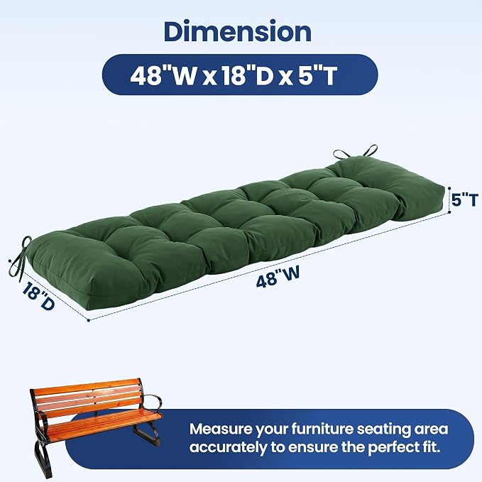 IASEAHK Outdoor Bench Cushion 48x18x5 Inch, Waterproof & Fade-Resistant Patio Furniture Cushions, Tufted Memory Foam Indoor/Outdoor Cushions for Couch Swing with Non-Slip Backing&Straps, Forest Green