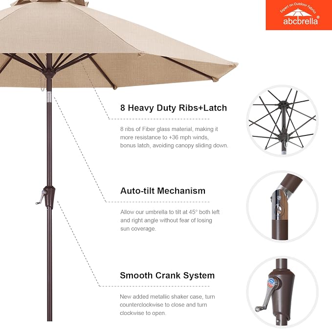 ABCCANOPY OLEFIN® 5-Year No Fading 9FT Outdoor Patio Umbrella(Light Beige) | Fade & UV Resistant Fabric,8 Fiberglass Ribs，Wind Vent，Crank Lift & Tilt,Outdoor Table Umbrella for Deck,Backyard,Yard