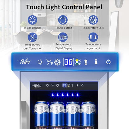 Velivi 15 Inch Beverage Refrigerator and Cooler - 125Cans Capacity Mini Beer Drink Fridge with Glass Door and Lock Under Counter Built-in or Freestanding - for Soda, Beer, Wine - for Home Bar Kitchen