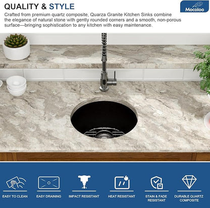 Mocoloo 18 Inch Round Bar Sink Undermount - Black Granite Composite Quartz Prep Sinks Small Kitchen Sink for Island or RV