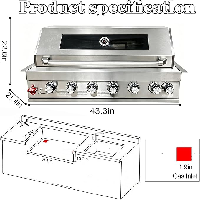 Built In 6 Burner Propane Gas Grill, 304 Stainless Steel 39in Gas Grill, 72,000 BTU with 684sq.in. Cooking Space, Rear Burner with Tri-fuel Compatibility