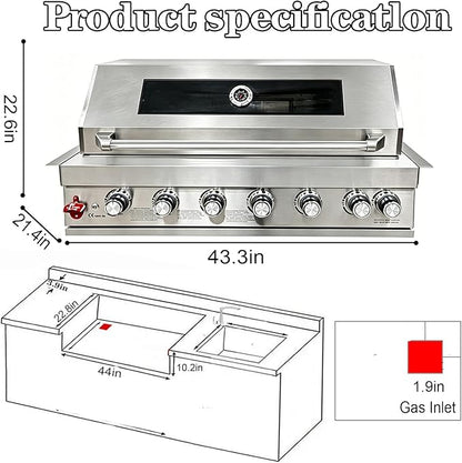 Built In 6 Burner Propane Gas Grill, 304 Stainless Steel 39in Gas Grill, 72,000 BTU with 684sq.in. Cooking Space, Rear Burner with Tri-fuel Compatibility