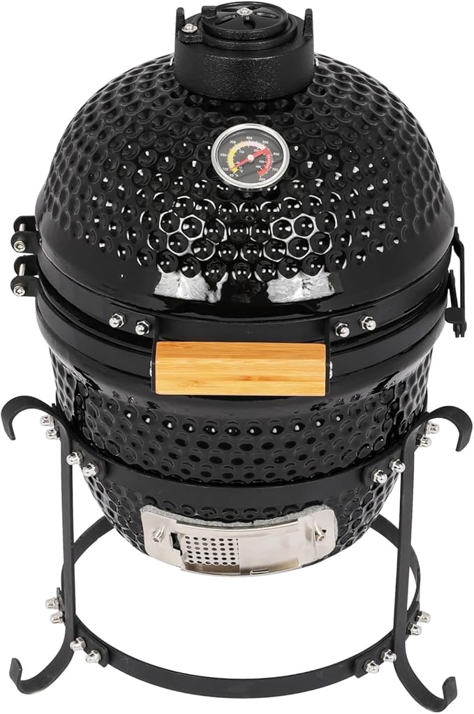 Kamado Egg Grill with Built-in Thermometer, Cast Iron Grates, Bamboo Handle, Portable Ceramic Grill for Backyard, Patio, Deck, Black