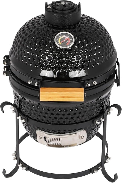 Kamado Egg Grill with Built-in Thermometer, Cast Iron Grates, Bamboo Handle, Portable Ceramic Grill for Backyard, Patio, Deck, Black
