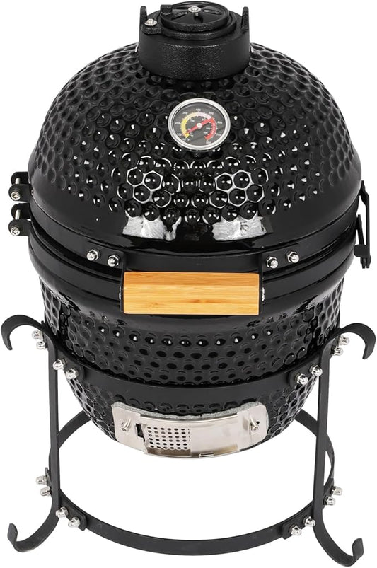 Kamado Egg Grill with Built-in Thermometer, Cast Iron Grates, Bamboo Handle, Portable Ceramic Grill for Backyard, Patio, Deck, Black