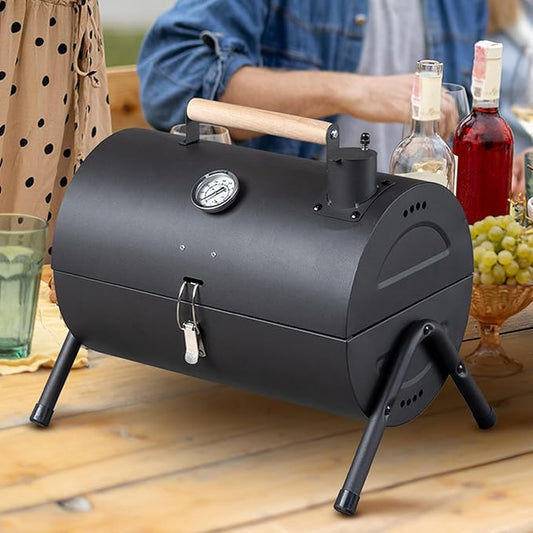 Portable Charcoal Grill, Table Top Grill, Mini Outdoor Grills with Thermometer, Latch, Wooden Handle, 114 Sq. In. Cooking Area, Easy to Assemble, Metal BBQ Grills for Party, Camping, Picnic, Black