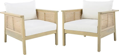 Christopher Knight Home Teras Acacia Wood Lounge Chair Outdoor Set of 2 with Removable Cushion, Solid Wood Patio Accent Chair with PE Wicker Accents, Patio Furniture Set Sofa Chair, Light Teak+Cream