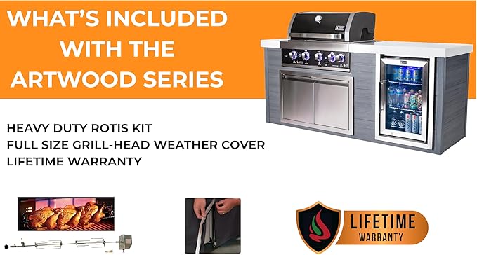 Mont Alpi Artwood Series - 78"W x 47"H x 27"D All Weather HDPE Outdoor Kitchen Island with Refrigerator & Double Access Doors + 44"W Stainless Steel 6-Burner Built-in BBQ Gas Grill with Rotisserie Kit