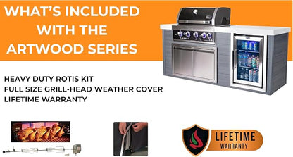 Mont Alpi Artwood Series - 78"W x 47"H x 27"D All Weather HDPE Outdoor Kitchen Island + Refrigerator & Double Access Doors + 32"W Black Stainless Steel 4-Burner Built-in BBQ Gas Grill + Rotisserie Kit