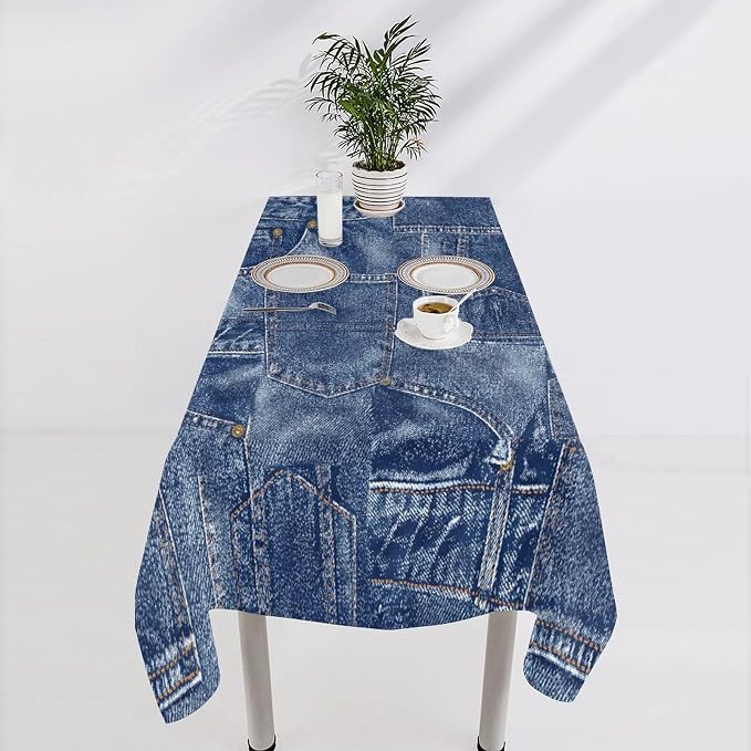 Denim Patchwork Print Style Tablecloth, Fashionable Denim Pattern Design (Not Denim Fabric) Water Resistant Table Cover for Farmhouse Picnic Party Holiday Kitchen Dinner Table 55"x75"