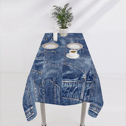 Denim Patchwork Print Style Tablecloth, Fashionable Denim Pattern Design (Not Denim Fabric) Water Resistant Table Cover for Farmhouse Picnic Party Holiday Kitchen Dinner Table 55"x75"