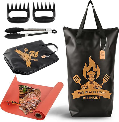 Allinside BBQ Blanket for Resting Meat - Extra Large Insulated Meat Resting Bag with Meat Shredder Claw, Grill Tongs, Butcher Paper, Greeting Card & Lanyard | Professional Grilling Kit for Smoker