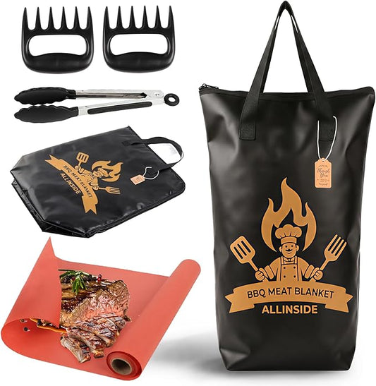 Allinside BBQ Blanket for Resting Meat - Extra Large Insulated Meat Resting Bag with Meat Shredder Claw, Grill Tongs, Butcher Paper, Greeting Card & Lanyard | Professional Grilling Kit for Smoker