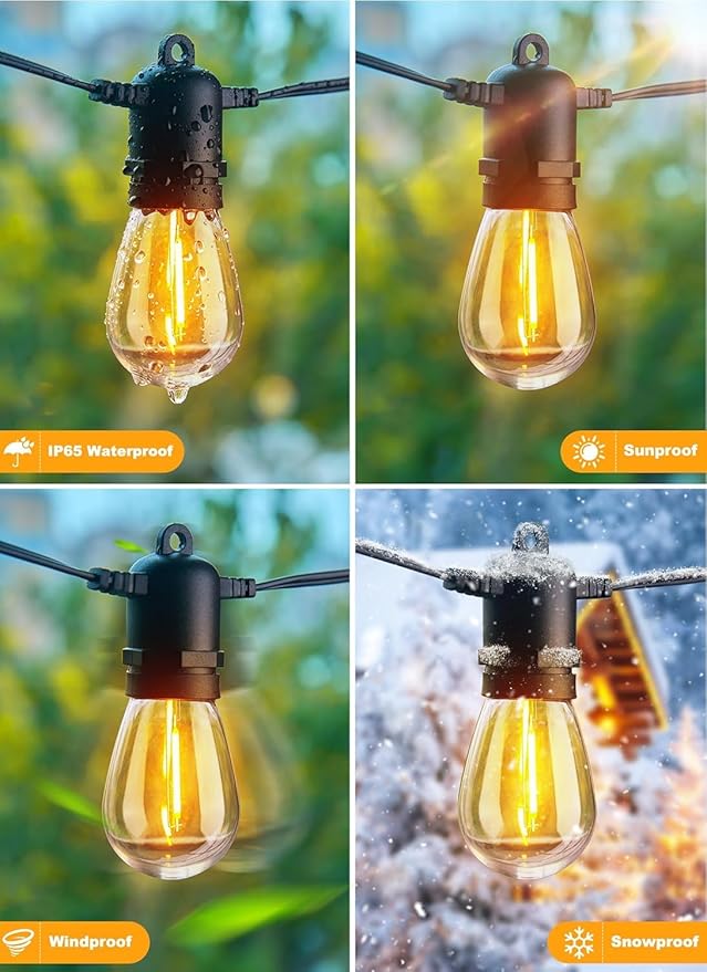 Brightown Outdoor String Lights, 50FT 15 Bulbs Shatterproof Patio Lights, IP65 Waterproof Dimmable Hanging Connectable LED Outdoor Lights for Backyard, Bistro, Porch, Deck, Balcony