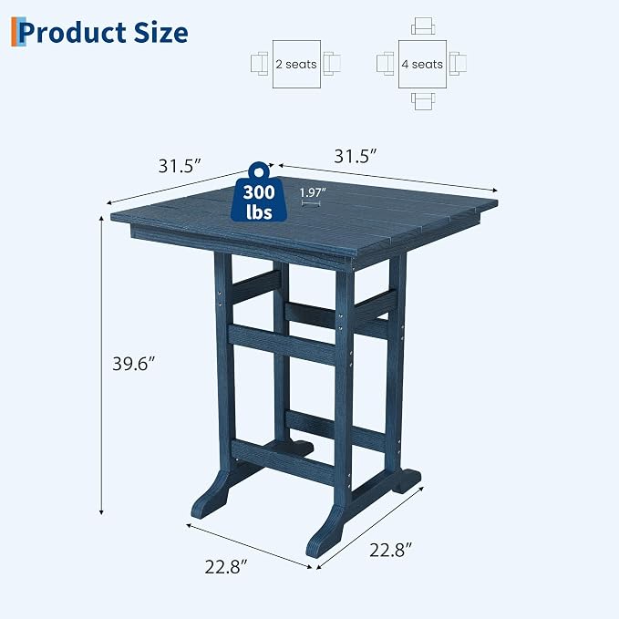 Garvee Outdoor Patio Bar Table for 2-4, All-Weather HDPE Bar Height Table with Umbrella Hole and Spacious Tabletop for Outside,Poolside, Backyard