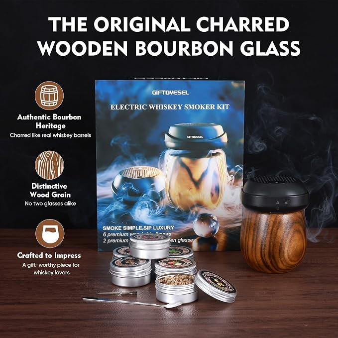 Electric Cocktail Smoker Kit with Unique Charred Wooden Glasses, Whiskey Smoker Kit with 6 Flavors Wood Chips, Instant Smoke Output – Ideal Gift for Cocktail & Whiskey Lovers
