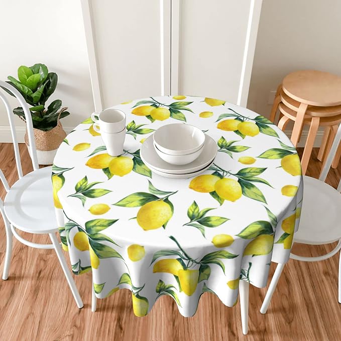 Sweetshow Lemon Tablecloth Round 60 Inches for Spring Summer Yellow Lemon Table Cloth Polyester Anti-Wrinkle Washable Circle Table Cover for Kitchen Dining Room Picnic Patio Wedding Party