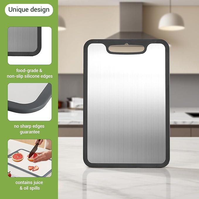 Titanium Cutting Boards for Kitchen & Camping,Metal Cutting Board,Stainless Steel Cutting Board,Chopping Boards for Kitchen and Camping,Silicone Edge for Non-Slip & Non-Cut Medium(14''×9.8'')