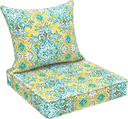 DYTXIII Outdoor Deep Seat Cushion Set, Water Repellent 24"x24" Patio Thick Cushions Replacement with Seat & Back Pillow for Patio Sofa, Wicker Chair, Couch - Damask Green