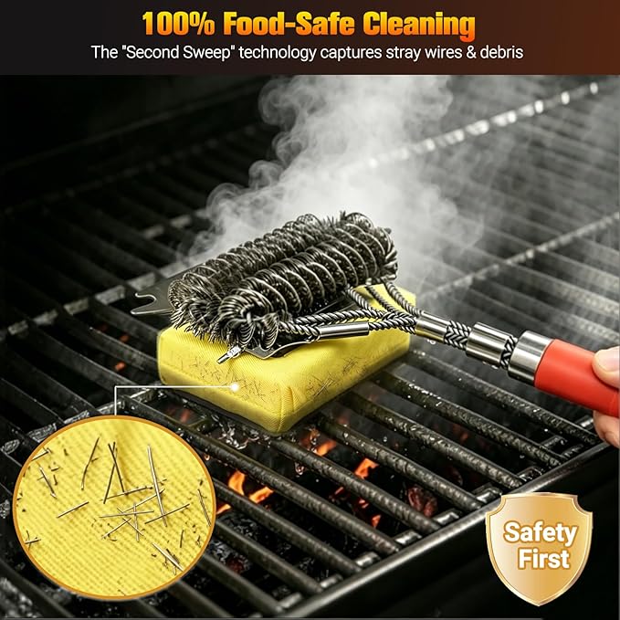 Magnetic 3-in-1 Grill Brush with Power Press Handle & Lock - 18" Detachable BBQ Cleaner for Heavy Duty Grime, Bristle-Safe Sponges, Ideal BBQ Gift for Men/Dad - Orange
