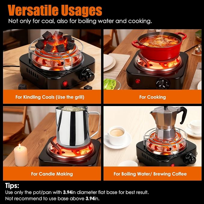 500W Electric Hookah Charcoal Burner - 5 Temperature Gears with Thermostat Safety, Stainless Steel Coil & Bonus Accessories for Indoor/Outdoor Use