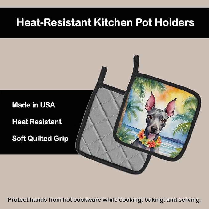 Caroline's Treasures American Hairless Terrier Luau Pair of Pot Holders Kitchen Heat Resistant Pot Holders Sets Oven Hot Pads for Cooking Baking BBQ, 7 1/2 x 7 1/2