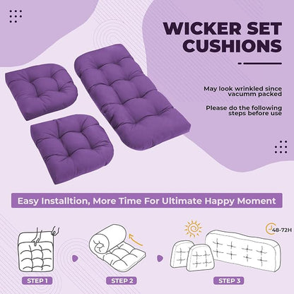 DANGHOOGY Wicker Chair Cushions, Waterproof Outdoor Loveseat Cushions for Patio Furniture, 3 Pieces Wicker Furniture Cushions, 1 Loveseat and 2 U-Shaped Cushions, Purple