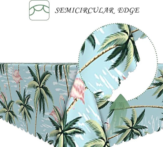 60x120 Inch Summer Rectangular Tablecloth Vintage Tropical Flamingo Palm Tree Light Blue Table Cloth Washable Durable Table Cover for Kitchen Coastal Home BBQ Picnic Beach Party