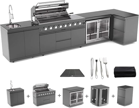 153 Inch Outdoor Kitchen Island, 96000 BTU Propane Gas Grill Combination With Refrigerator and Sink, Drawer Cabinet, Outdoor Stainless Steel Barbecue Bar, BBQ Grill for Patios, Gardens, Parties