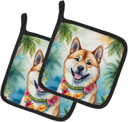 Caroline's Treasures Akita Luau Pair of Pot Holders Kitchen Heat Resistant Pot Holders Sets Oven Hot Pads for Cooking Baking BBQ, 7 1/2 x 7 1/2