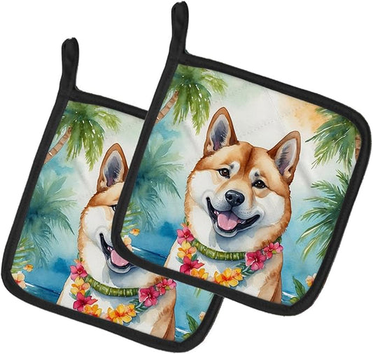 Caroline's Treasures Akita Luau Pair of Pot Holders Kitchen Heat Resistant Pot Holders Sets Oven Hot Pads for Cooking Baking BBQ, 7 1/2 x 7 1/2
