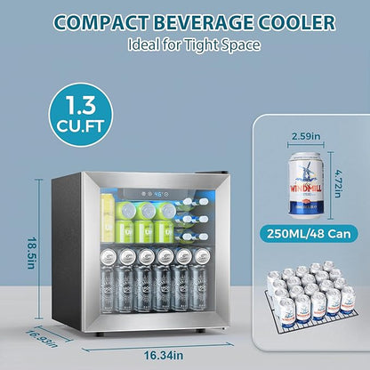 Electactic 48 Can Beverage Refrigerator,12 Bottle Wine Cooler with Stainless Steel Glass Door, Digital Temperature Display, Countertop Mini Fridge for Soda, Wine or Beer, Silver