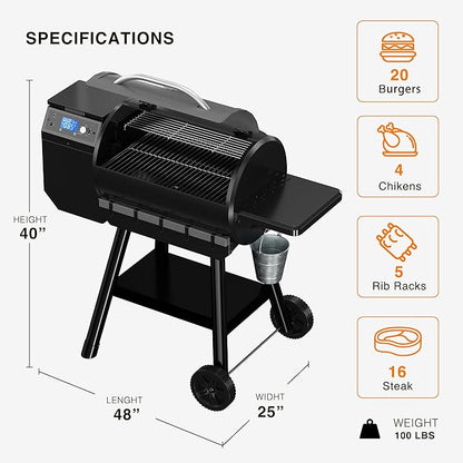 Electric Wood Pellet Grill, 456 SQ.IN Cook Area Pellets Grill, 16LBS Hopper Pellet Smoker Grill, 500 Degree Max Temperature&Auto Feed, 8 in 1 BBQ Grill Outdoor with Meat Probe, Grease Bucket