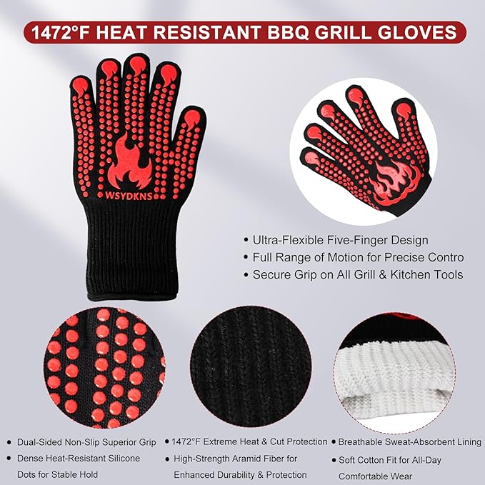 BBQ Gloves Heat Resistant 1472°F, Long Cuff Aramid Fiber Oven Mitts with Non-Slip Silicone, Grilling Gifts for Men, Dad, Husband, Smoker and Kitchen Cooking, Black/Red