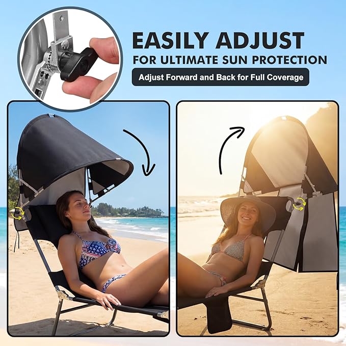 Backpack Beach Tanning Lounge Chair with Canopy Shade Face Hole Padded Adjustable Washable, 6 Position Layout Chair for Outside Sunbathing Poolside Lawn, UPF 50+ Wind-Resistant Sun Shade, 2Pack