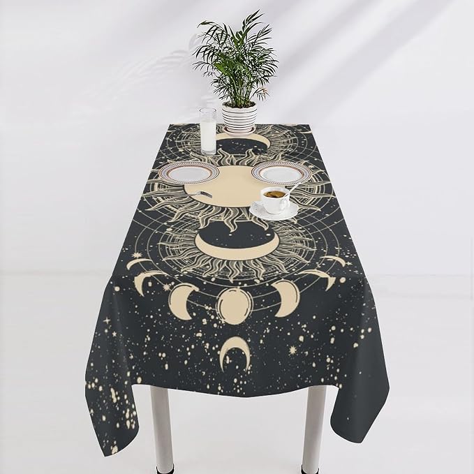 Vintage Tarot Tablecloth Boho Mystical Astrologer Zodiac Full Moon Phases Star Galaxy Space Table Cloth Water Resistant Wipeable Table Cover for Picnic Party Holiday Kitchen Dinner Table 60"x90"