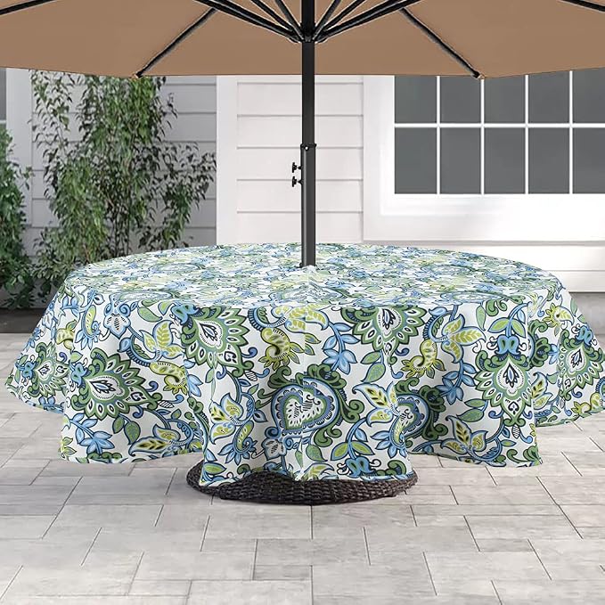 60" Round Tablecloth with Umbrella Hole and Zipper, Washable Waterproof Wrinkle Free Zippered Patio Table Cloths Table Covers for Spring, Summer, Party, Backyard, Picnic, BBQS (Botanical Blue Green)