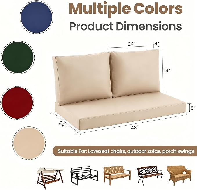Outdoor Loveseat Cushion Set, 48" x 24" Loveseat Cushions for Outdoor Furniture, Waterproof & Fade-Resistant Patio Furniture Cushions, Deep Seat Cushion for Bench, Swing and Couch, Beige