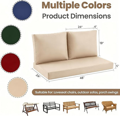 Outdoor Loveseat Cushion Set, 48" x 24" Loveseat Cushions for Outdoor Furniture, Waterproof & Fade-Resistant Patio Furniture Cushions, Deep Seat Cushion for Bench, Swing and Couch, Beige