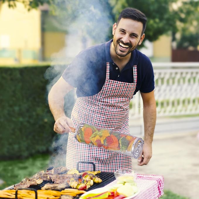 Rolling Grill Basket,Grill Baskets for Outdoor Grill,BarBecue Accessories for Vegetables & Shrimp,304 Stainless Steel, Unique Gift for Dad or Husband